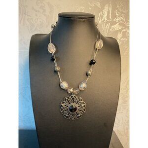Vintage Style Black & Silver Beaded Necklace With Pendant